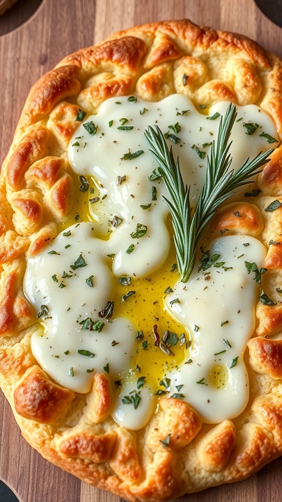 Golden brown cheesy focaccia bread with herbs on a wooden board.